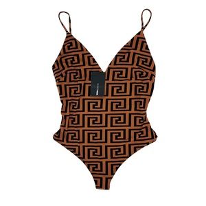 Fashion Nova “V” Neck Bodysuit Brown & Black 1X NWT